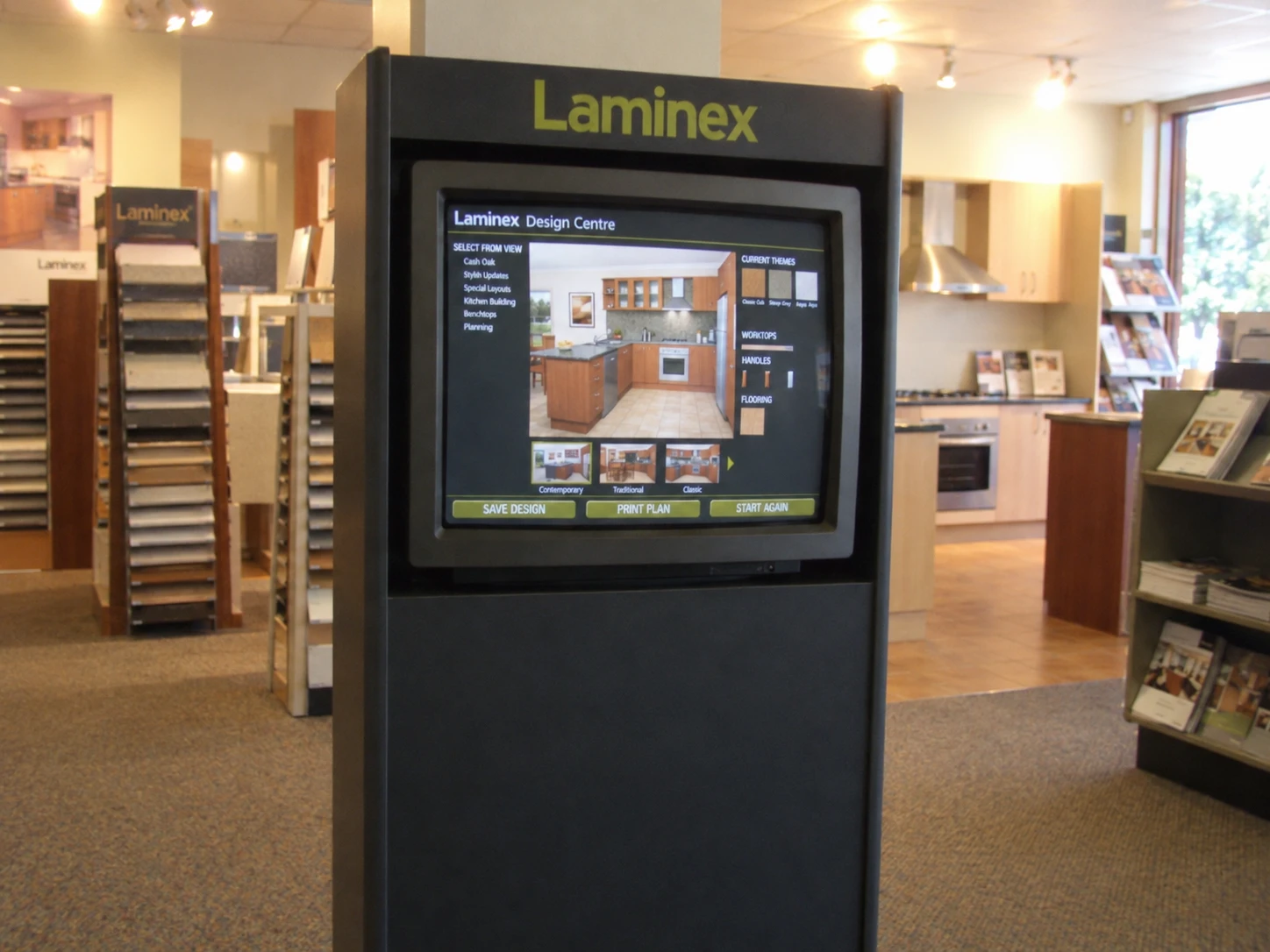AI recreation of the Laminex Design Wizard touchscreen kiosk in a kitchen showroom